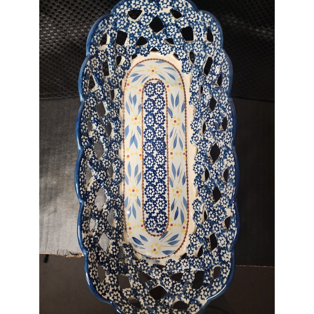 Pottery Reticulated Lattice Oval Basket Blue Floral Stoneware 14.5 Inch